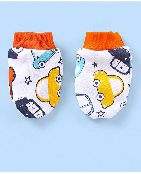 Babyhug 100% Cotton Cap Mittens & Booties Ice Cream Print White - Cap Diameter 11.5 cm