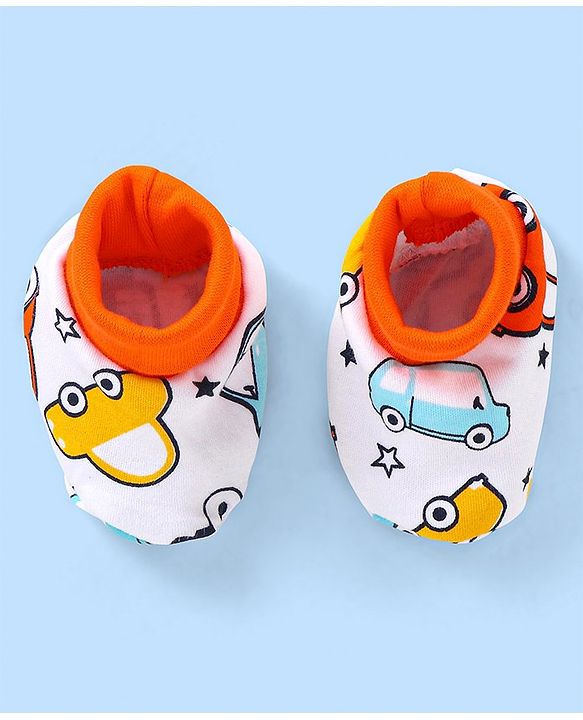 Babyhug 100% Cotton Cap Mittens & Booties Ice Cream Print White - Cap Diameter 11.5 cm