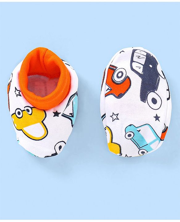 Babyhug 100% Cotton Cap Mittens & Booties Ice Cream Print White - Cap Diameter 11.5 cm