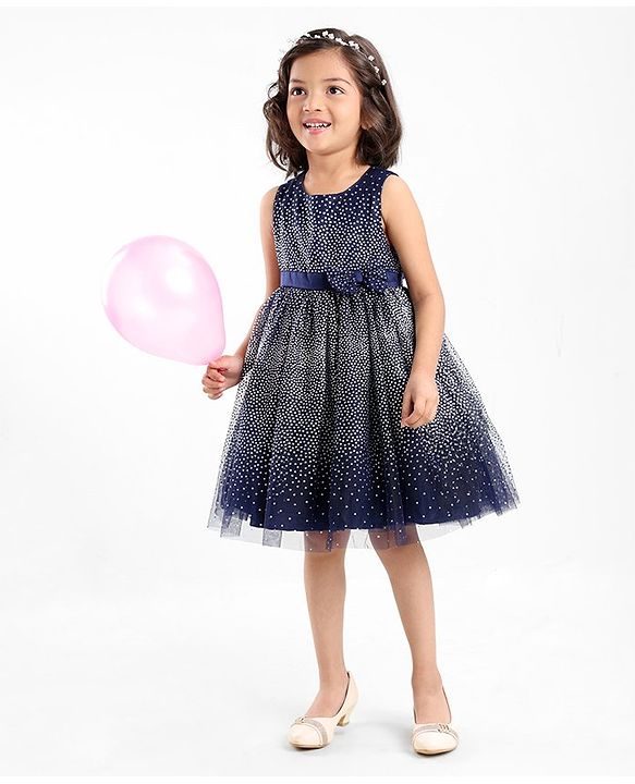 Babyhug Sleeveless Foil Printed Party Frock - Navy Blue