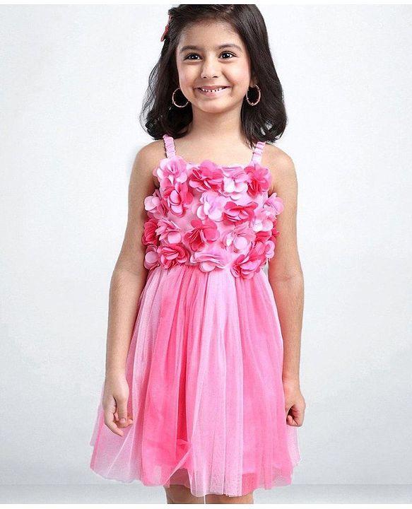 Babyhug Singlet Party Wear Frock with 3D Flowers At Yoke - Pink