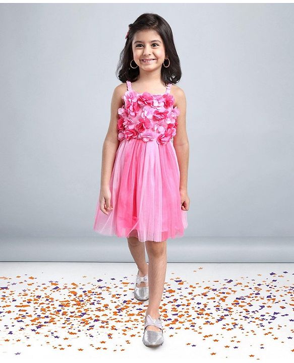 Babyhug Singlet Party Wear Frock with 3D Flowers At Yoke - Pink