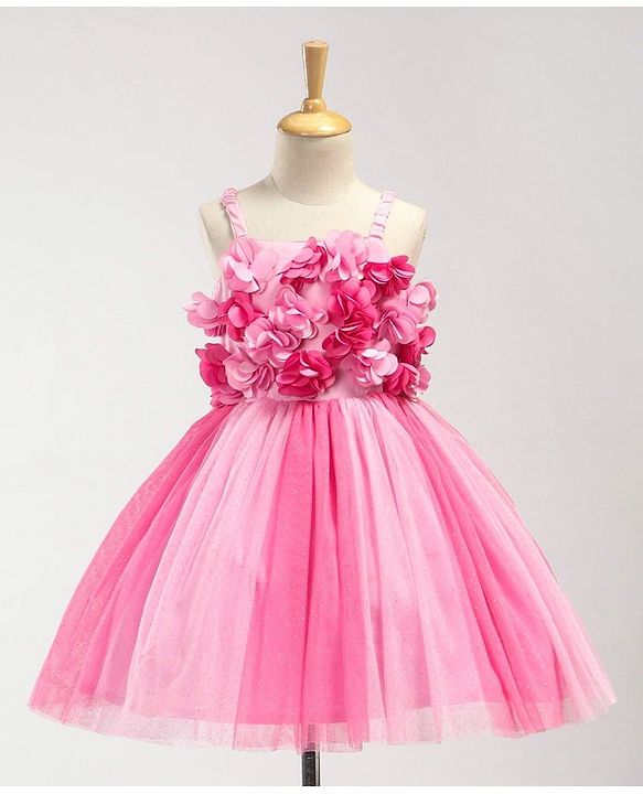 Babyhug Singlet Party Wear Frock with 3D Flowers At Yoke - Pink