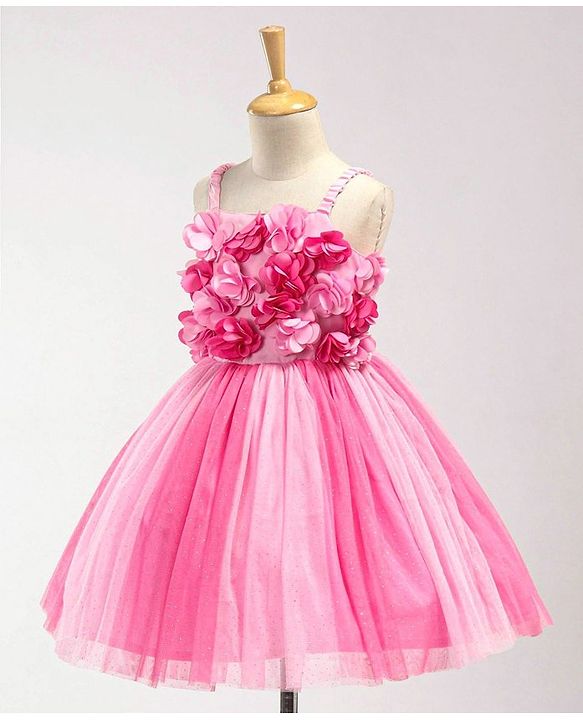 Babyhug Singlet Party Wear Frock with 3D Flowers At Yoke - Pink