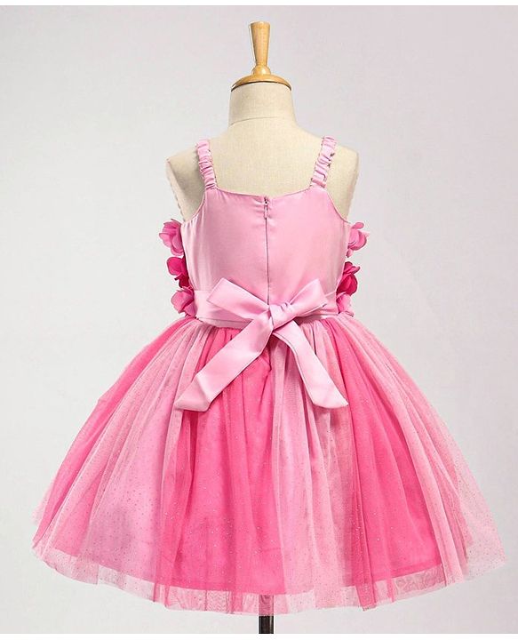 Babyhug Singlet Party Wear Frock with 3D Flowers At Yoke - Pink