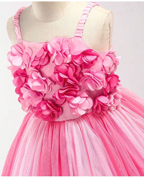 Babyhug Singlet Party Wear Frock with 3D Flowers At Yoke - Pink