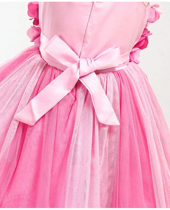 Babyhug Singlet Party Wear Frock with 3D Flowers At Yoke - Pink