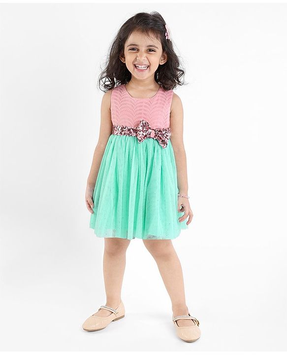 Babyhug Woven Sleeveless Textured Party Dress with Lace Yoke - Mint & Pink