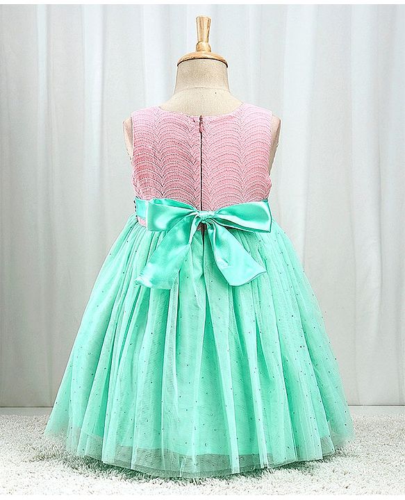 Babyhug Woven Sleeveless Textured Party Dress with Lace Yoke - Mint & Pink