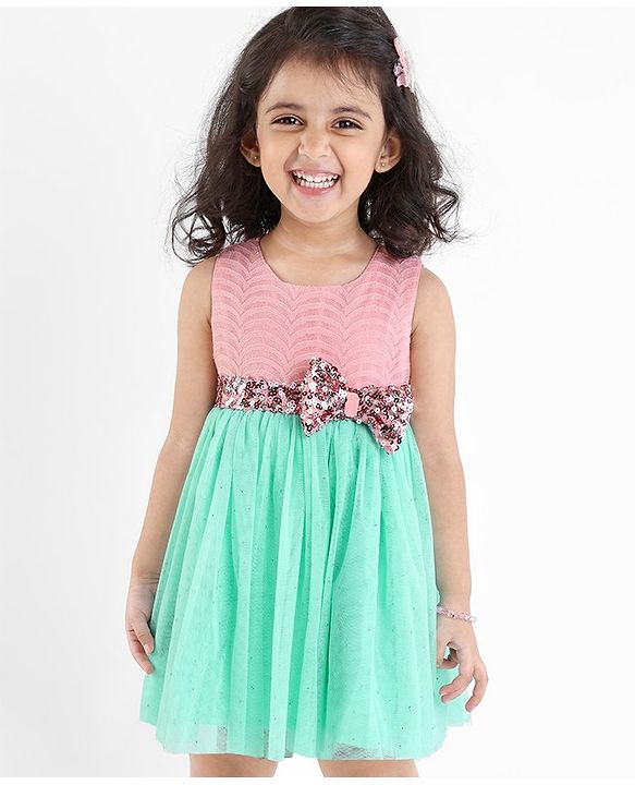 Babyhug Woven Sleeveless Textured Party Dress with Lace Yoke - Mint & Pink