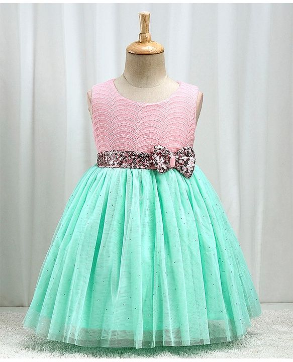 Babyhug Woven Sleeveless Textured Party Dress with Lace Yoke - Mint & Pink