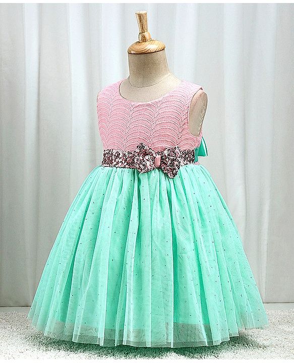 Babyhug Woven Sleeveless Textured Party Dress with Lace Yoke - Mint & Pink