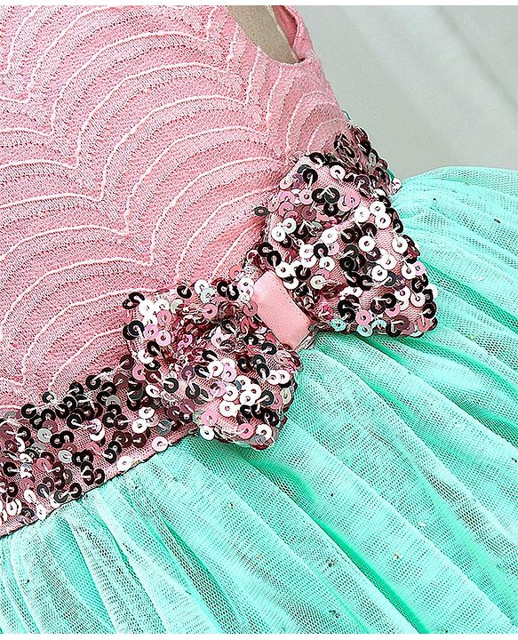 Babyhug Woven Sleeveless Textured Party Dress with Lace Yoke - Mint & Pink