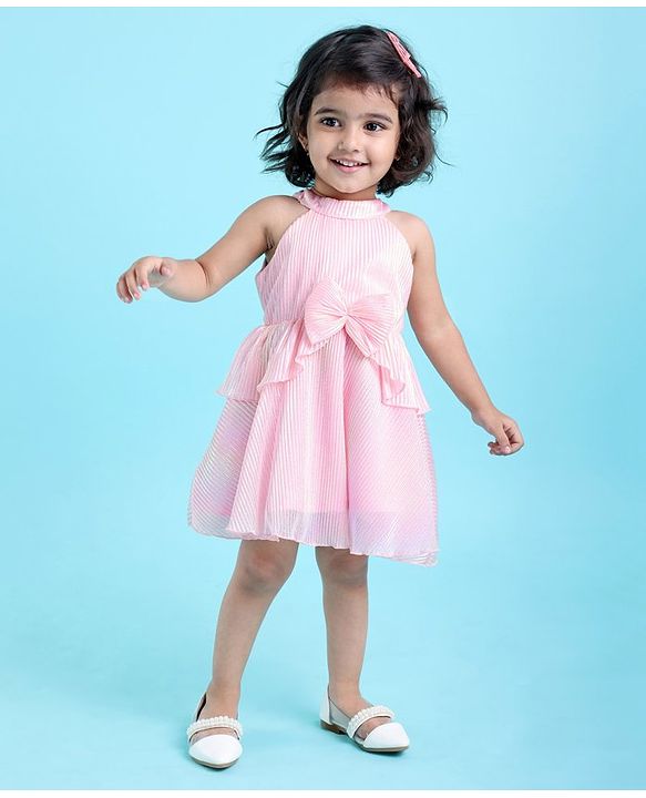 Babyhug Sleeveless Party Frock with Bow Applique - Pink