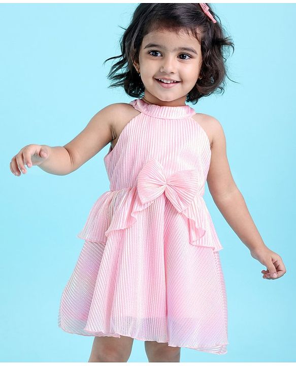 Babyhug Sleeveless Party Frock with Bow Applique - Pink
