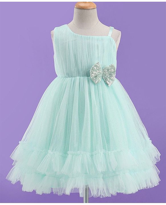 Babyhug Sleeveless Layered Frill Party Frock with Bow Applique - Sea Green