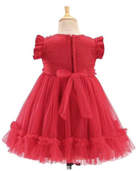 Babyhug Flutter Sleeves Party Frock with Mesh Detailing -Red