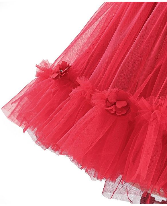 Babyhug Flutter Sleeves Party Frock with Mesh Detailing -Red