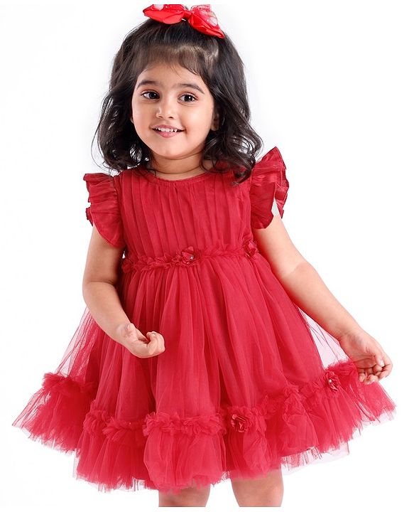Babyhug Flutter Sleeves Party Frock with Mesh Detailing -Red