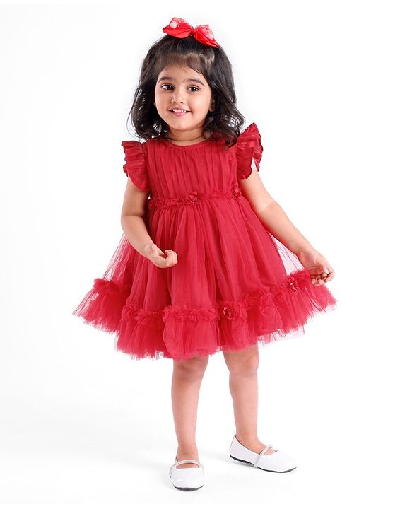 Babyhug Flutter Sleeves Party Frock with Mesh Detailing -Red
