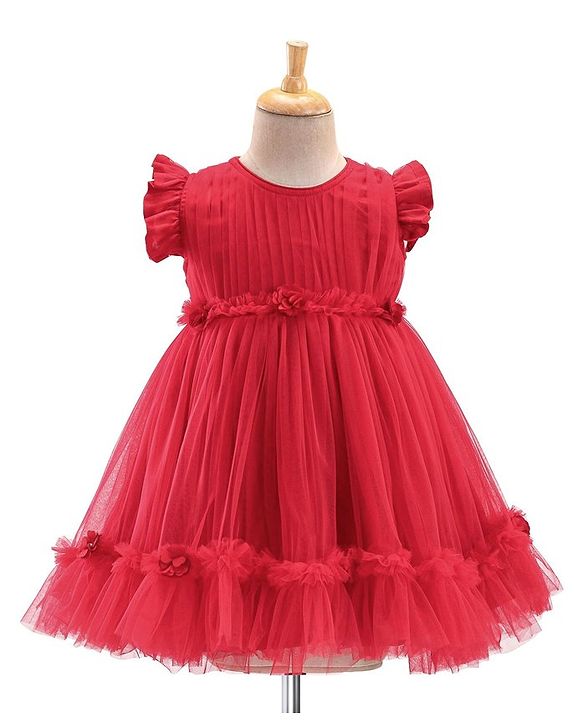 Babyhug Flutter Sleeves Party Frock with Mesh Detailing -Red