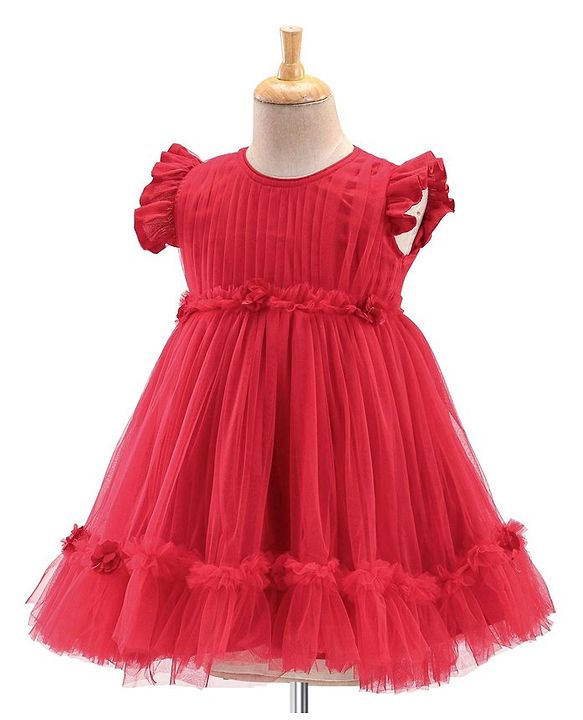 Babyhug Flutter Sleeves Party Frock with Mesh Detailing -Red