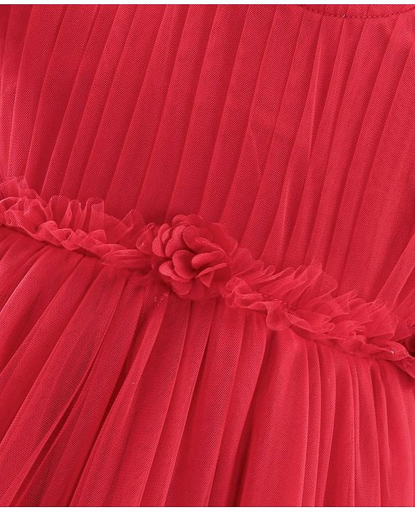 Babyhug Flutter Sleeves Party Frock with Mesh Detailing -Red