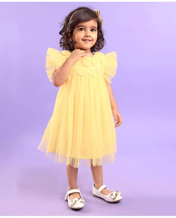 Babyhug Half Flutter Sleeves Mesh Solid Color Party Frock Corsage Detailing - Yellow