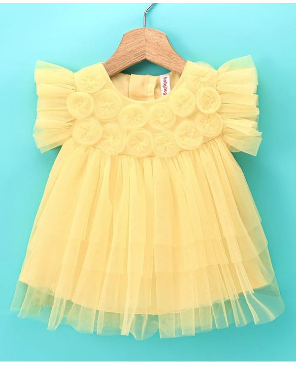 Babyhug Half Flutter Sleeves Mesh Solid Color Party Frock Corsage Detailing - Yellow