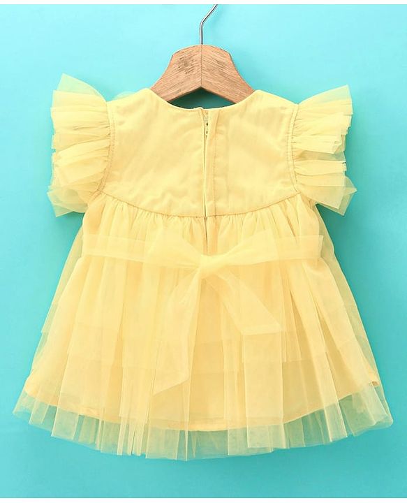 Babyhug Half Flutter Sleeves Mesh Solid Color Party Frock Corsage Detailing - Yellow