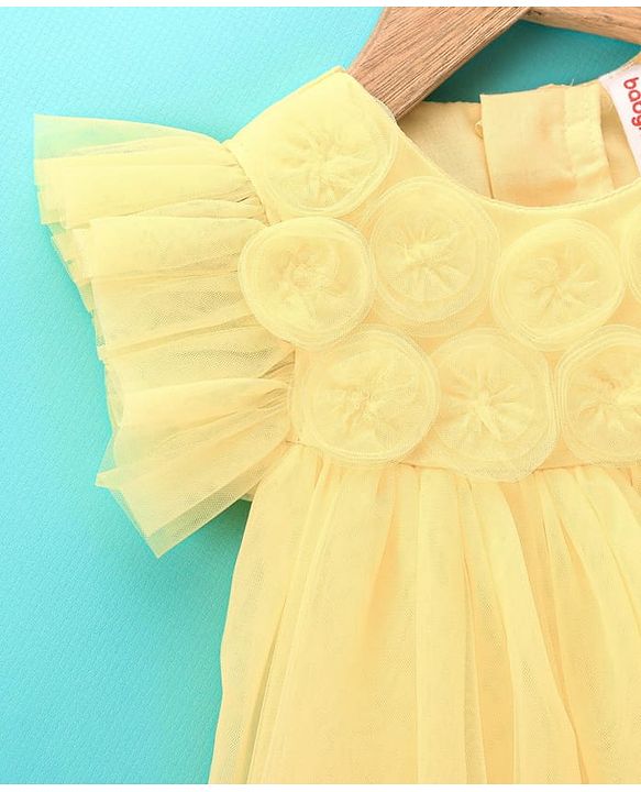 Babyhug Half Flutter Sleeves Mesh Solid Color Party Frock Corsage Detailing - Yellow