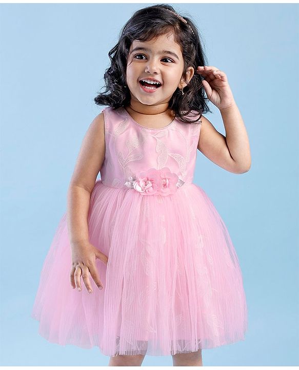 Babyhug Sleeveless Embroidered Party Frock With Floral Corsage- Pink