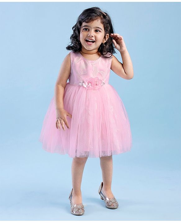 Babyhug Sleeveless Embroidered Party Frock With Floral Corsage- Pink