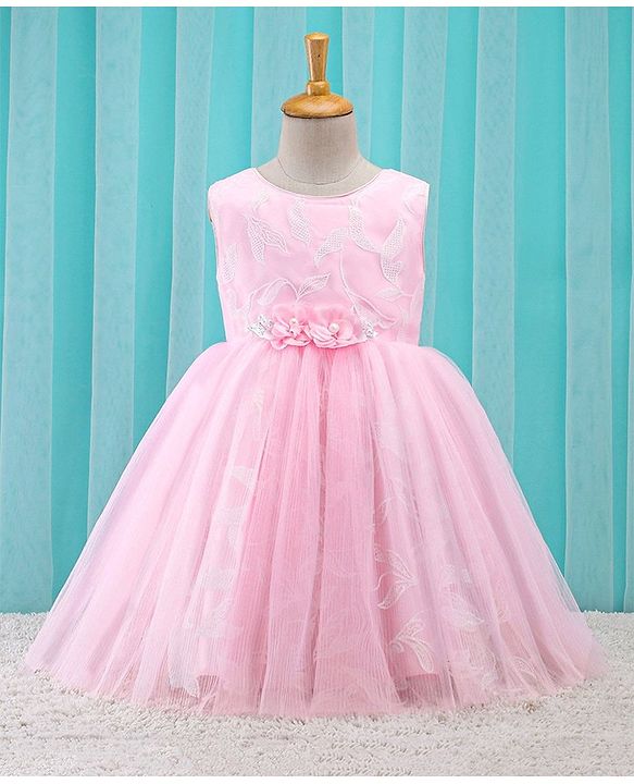 Babyhug Sleeveless Embroidered Party Frock With Floral Corsage- Pink
