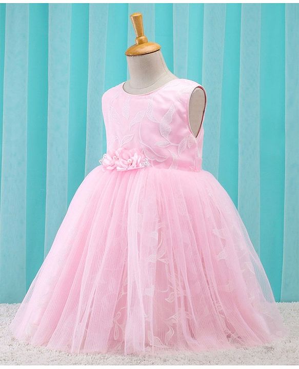 Babyhug Sleeveless Embroidered Party Frock With Floral Corsage- Pink