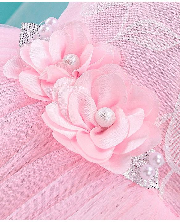 Babyhug Sleeveless Embroidered Party Frock With Floral Corsage- Pink