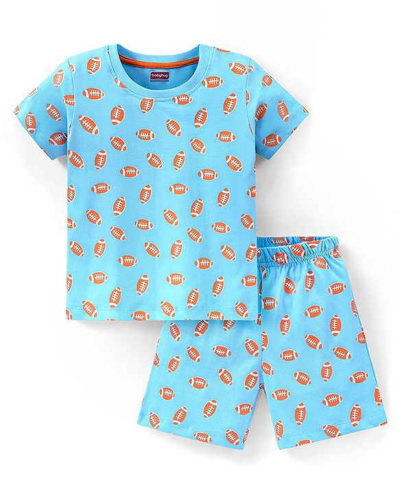 Babyhug Cotton Knit Half Sleeves Night Suit Rugby Football Print - Blue