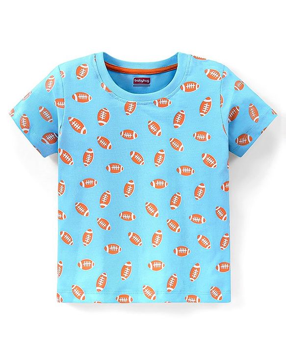 Babyhug Cotton Knit Half Sleeves Night Suit Rugby Football Print - Blue