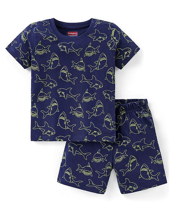 Babyhug Cotton Knit Half Sleeves Night Suit Shark Print - Navy Blue