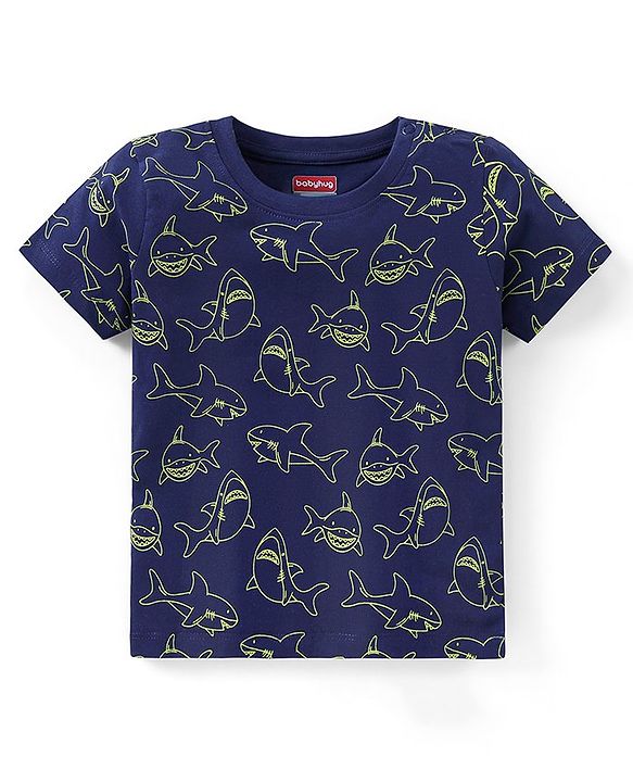 Babyhug Cotton Knit Half Sleeves Night Suit Shark Print - Navy Blue