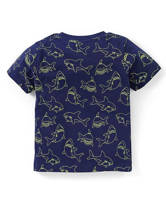 Babyhug Cotton Knit Half Sleeves Night Suit Shark Print - Navy Blue