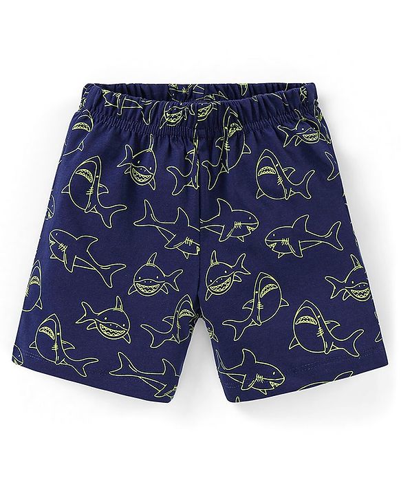 Babyhug Cotton Knit Half Sleeves Night Suit Shark Print - Navy Blue
