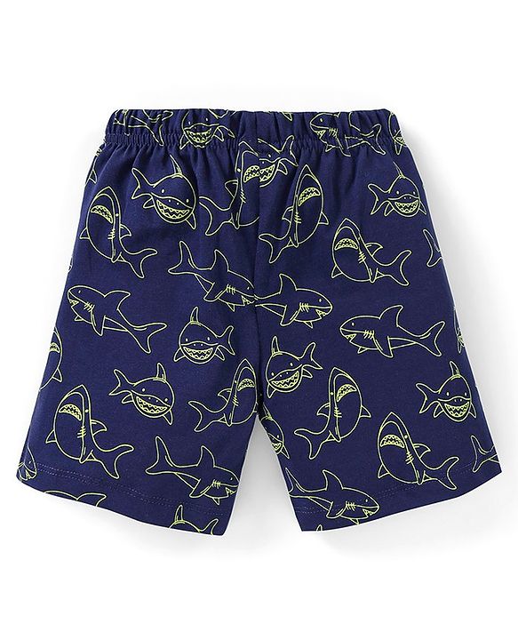 Babyhug Cotton Knit Half Sleeves Night Suit Shark Print - Navy Blue