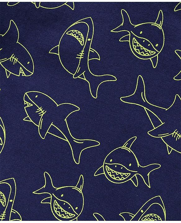 Babyhug Cotton Knit Half Sleeves Night Suit Shark Print - Navy Blue