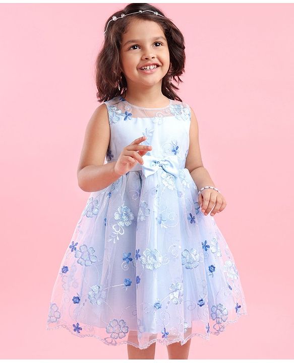Babyhug Sleeveless Floral Embroidered Party Frock - Blue