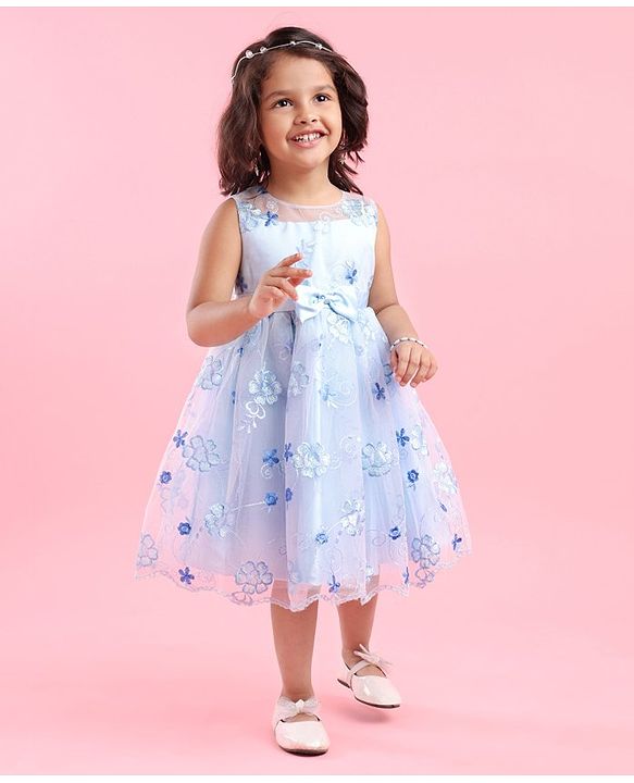 Babyhug Sleeveless Floral Embroidered Party Frock - Blue