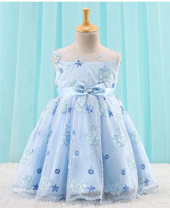 Babyhug Sleeveless Floral Embroidered Party Frock - Blue