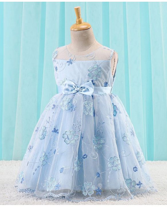 Babyhug Sleeveless Floral Embroidered Party Frock - Blue