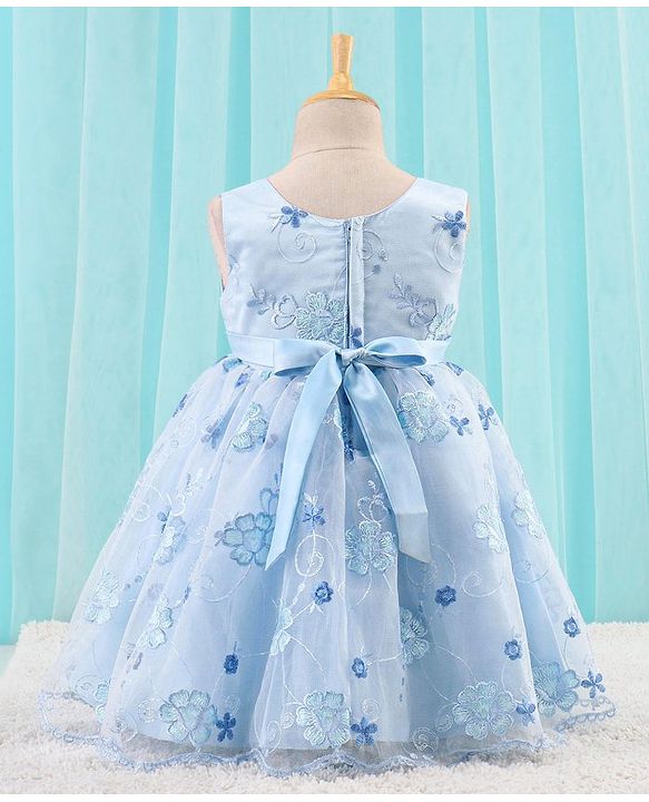 Babyhug Sleeveless Floral Embroidered Party Frock - Blue