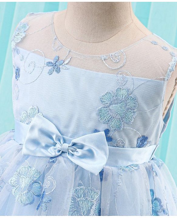 Babyhug Sleeveless Floral Embroidered Party Frock - Blue
